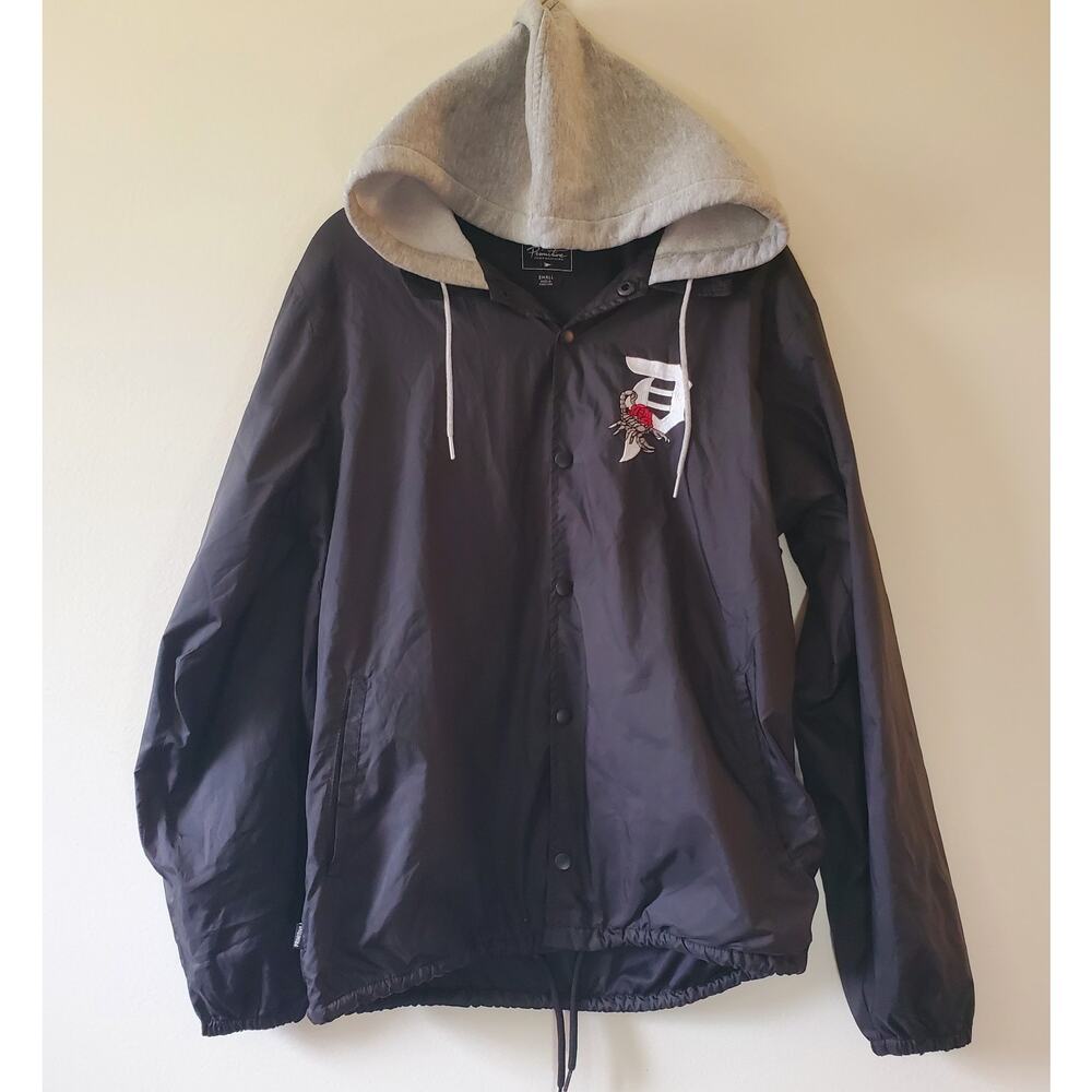 Primitive Skateboarding Black Hooded Windbreaker Scorpion Rose Logo Jacket Sz S